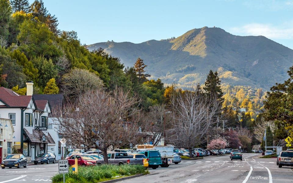 Downtown Mill Valley with Mount Tamalpais behind it