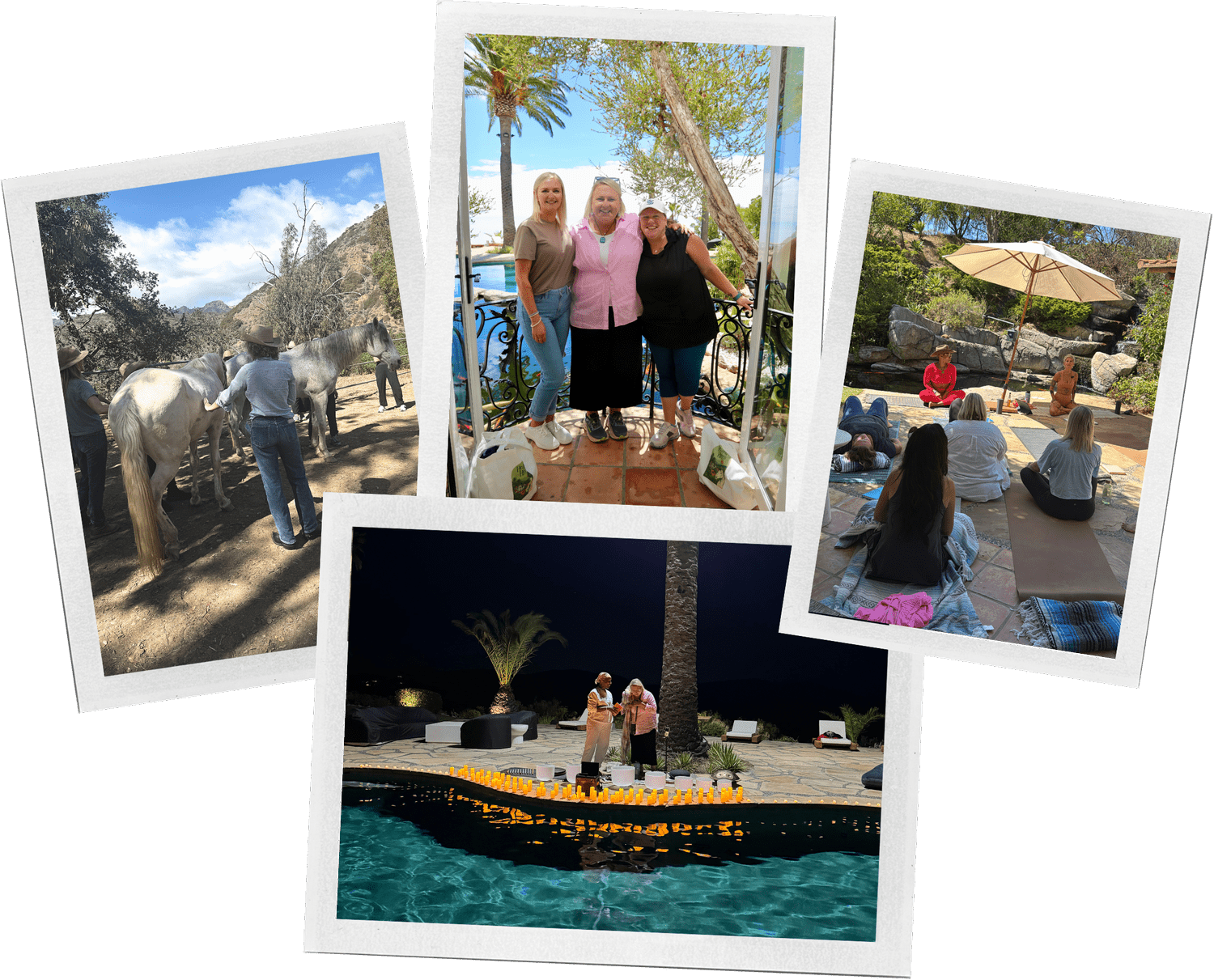 Polaroid collage: horses on the trail, guests at the Malibu Beach Resort, poolside candlelight dinner, and a garden yoga circle