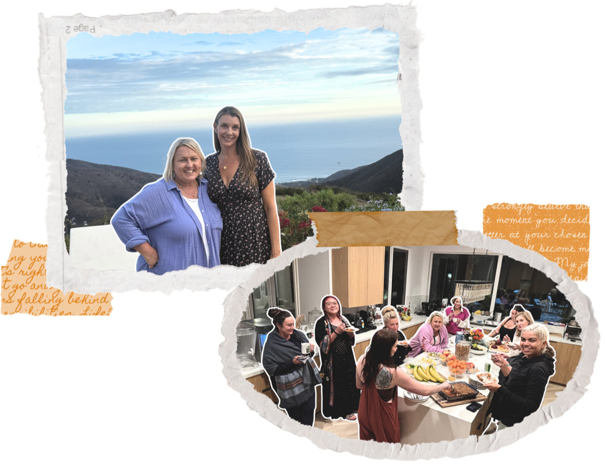 Polaroid collage: two guests above the Malibu coastline and the group sharing a meal together
