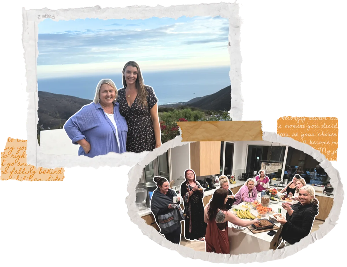 Polaroid collage: two guests above the Malibu coastline and the group sharing a meal together