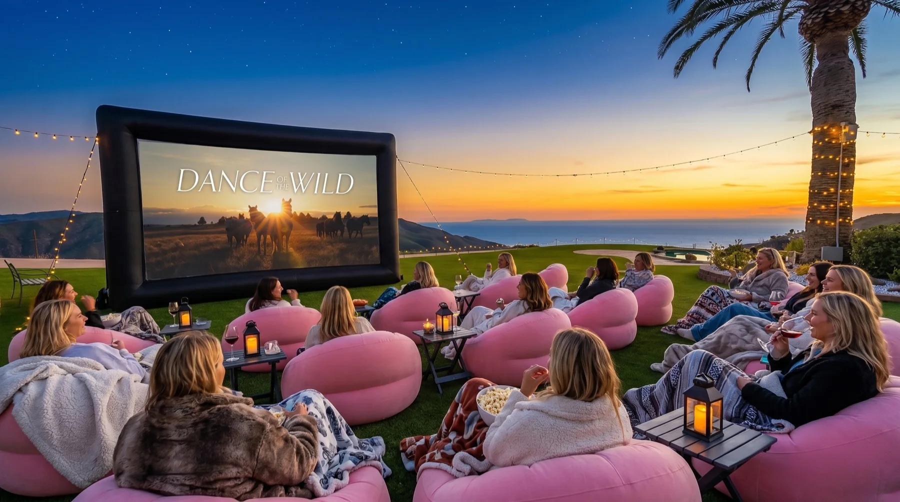 An outdoor screening of Dance of the Wild on the hilltop lawn at dusk, the circle wrapped in blankets on loungers with lanterns glowing and the Pacific behind the screen