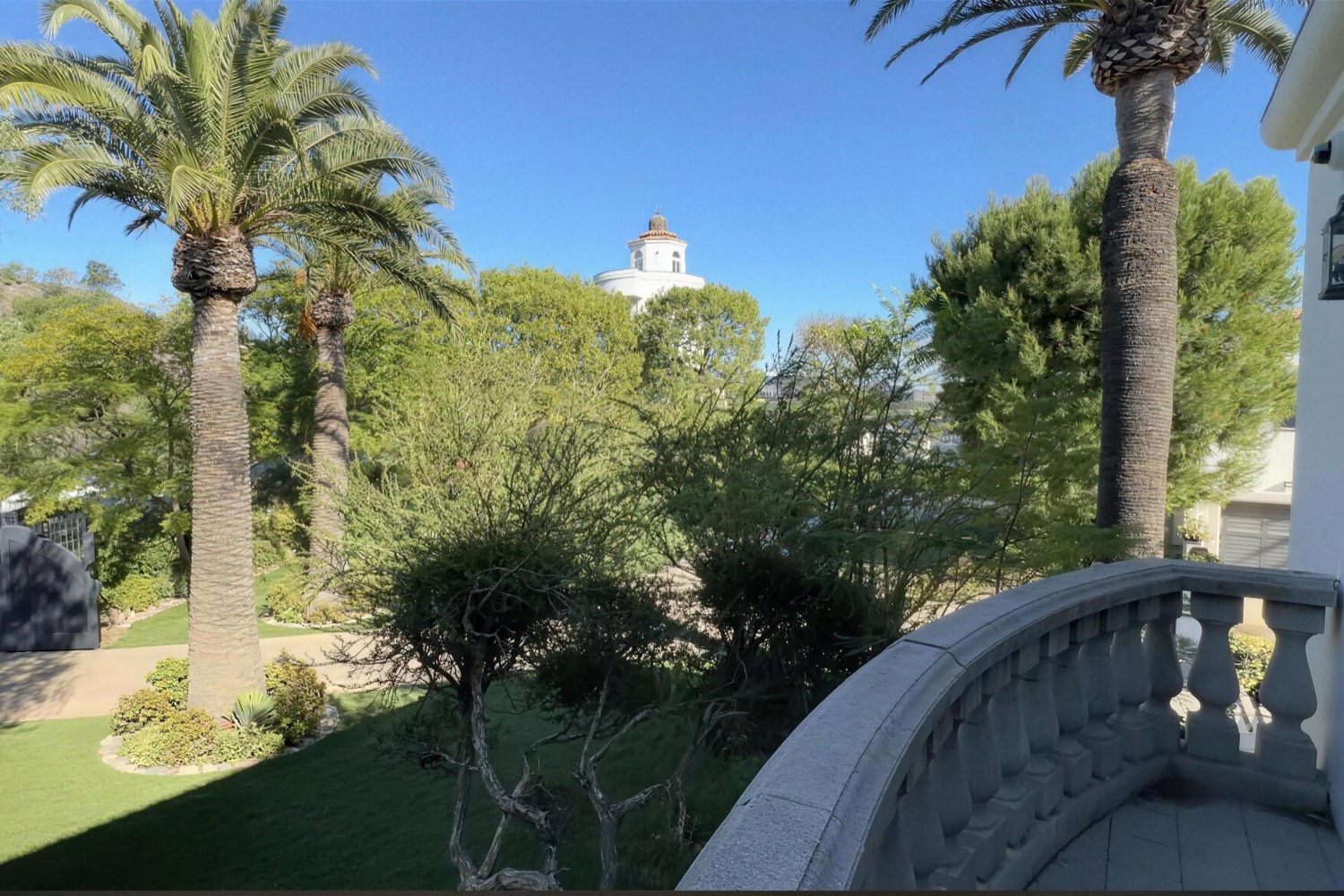 The view from the Cloud Room's private balcony, out over the palms and gardens