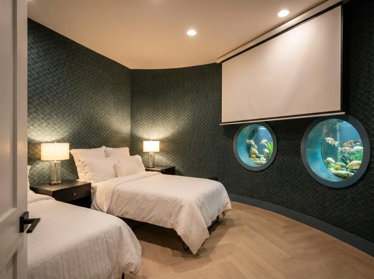 The Koi Room: two twin beds with nightstands and lamps, and lit koi-pond windows