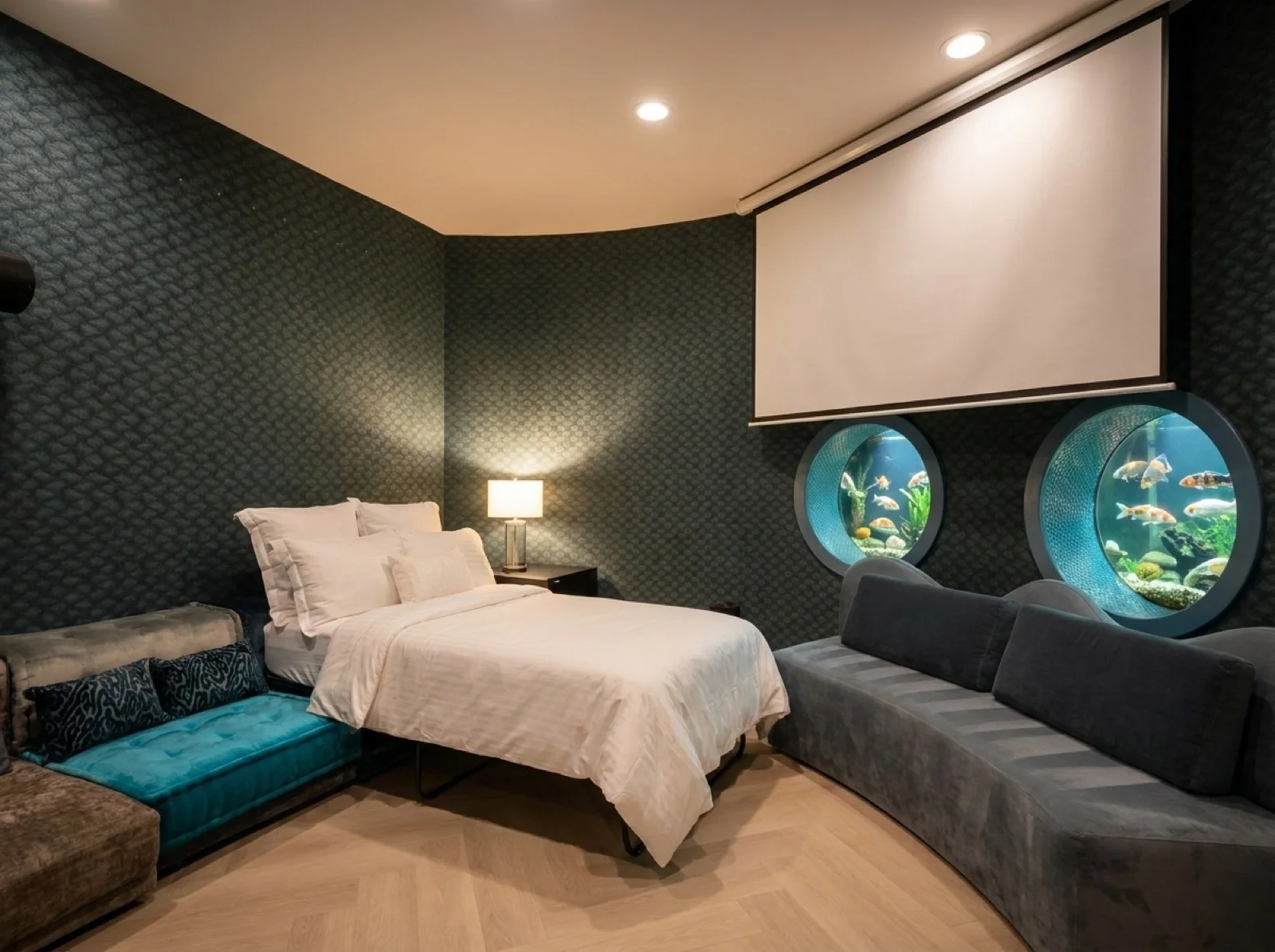 The Koi Room: a lower-level room with a twin bed, a designer sofa, and lit koi-pond windows