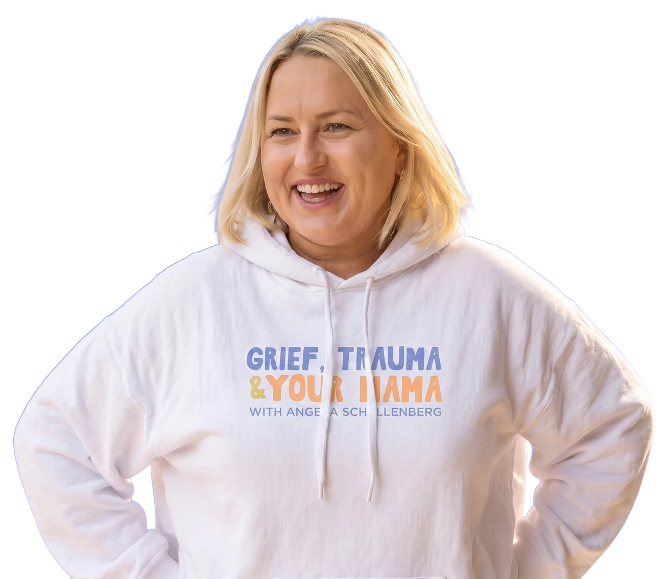 Angela Schellenberg smiling in a white Grief, Trauma & Your Mama hoodie