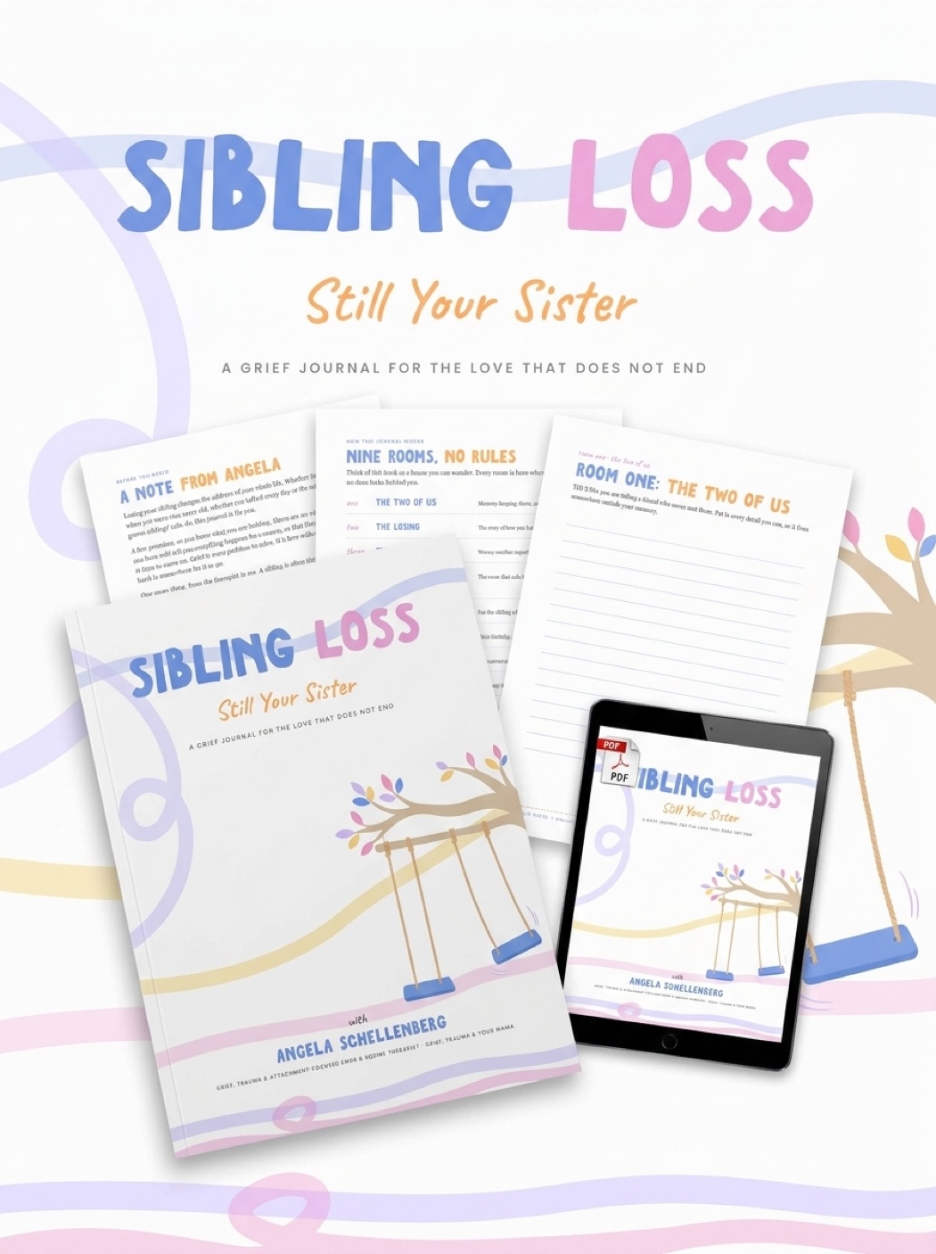 Still Your Sister sibling loss journal cover with a tree and two swings